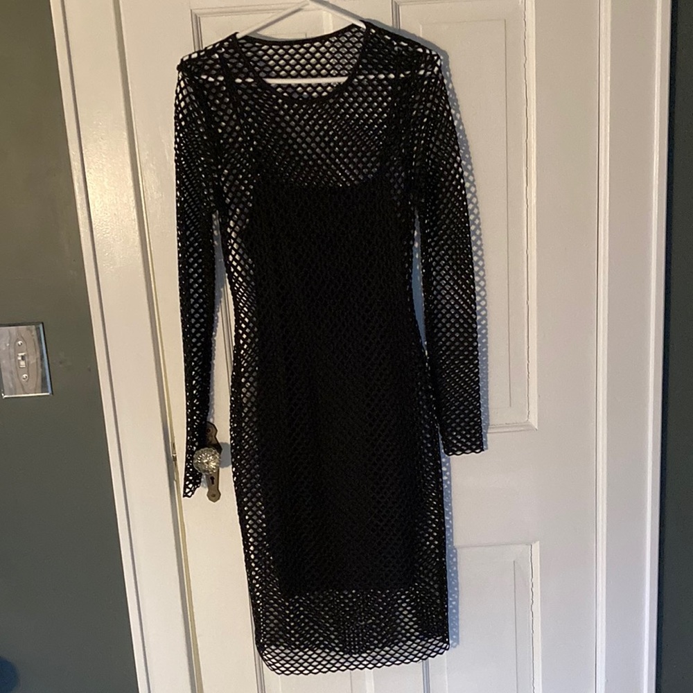 Elastic mesh dress with slip, black size M/L